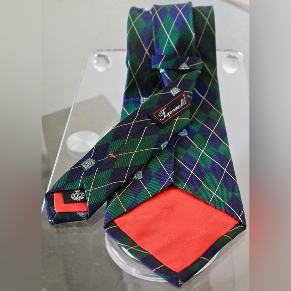 FACCONABLE MENS TIE GREEN NAVY ARGYLE VINTAGE 100% SILK MADE IN FRANCE - Picture 2 of 7